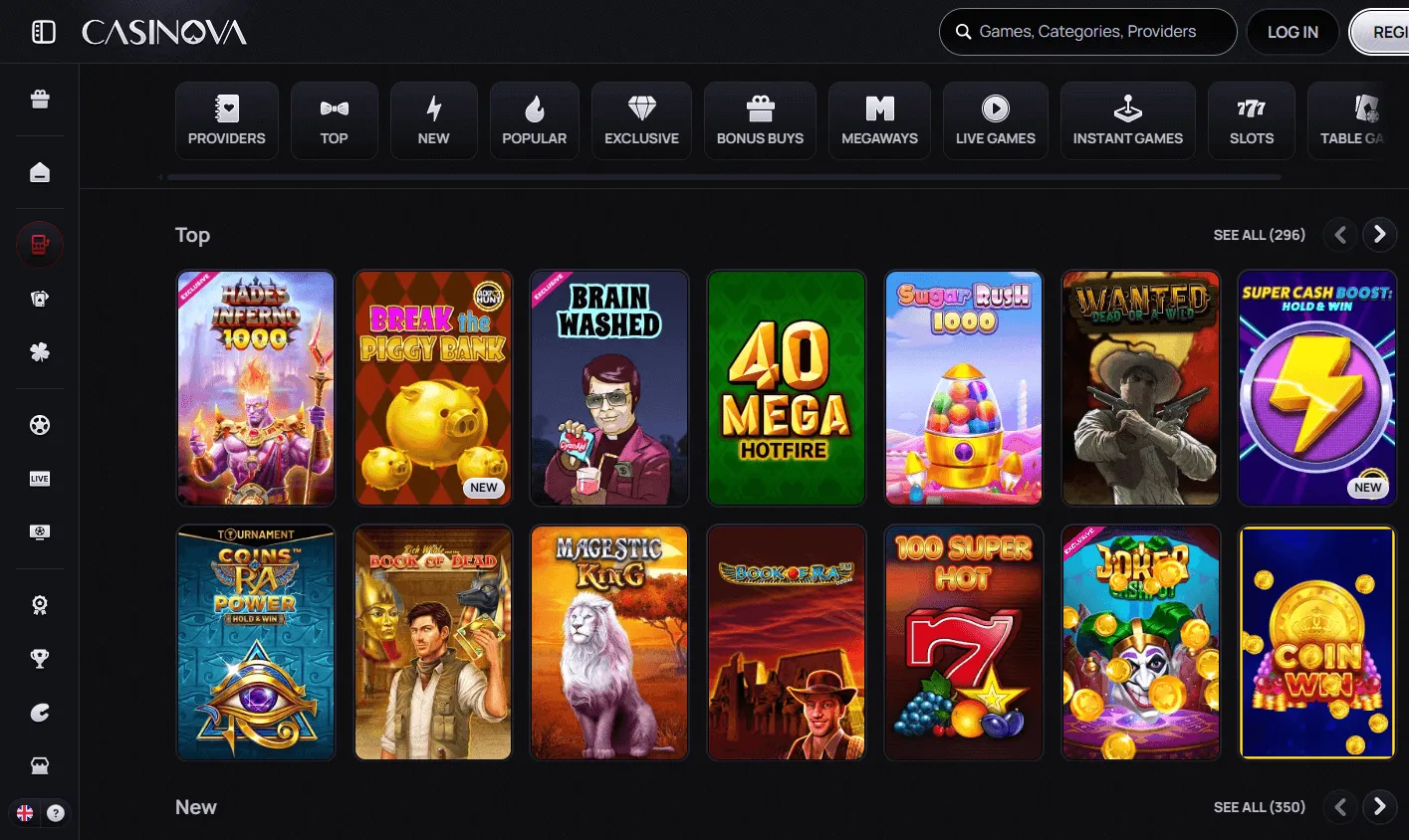 Casinova Casino desktop game catalogue