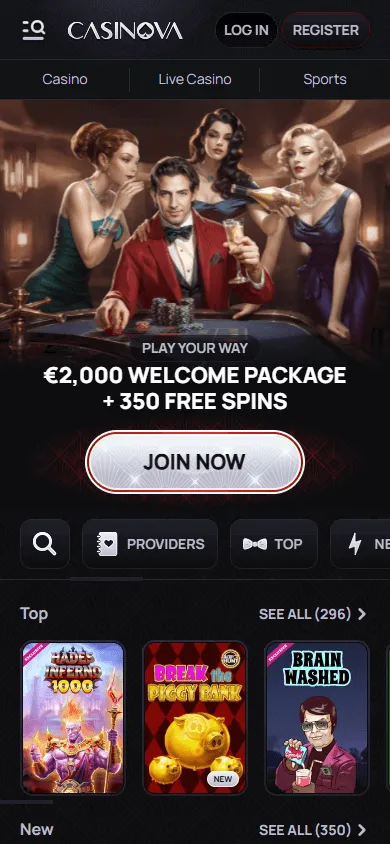 Casinova Casino mobile home experience