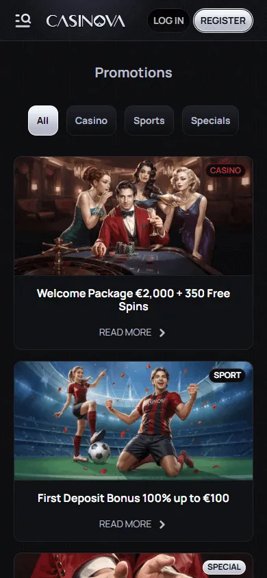 Casinova Casino mobile promotions area
