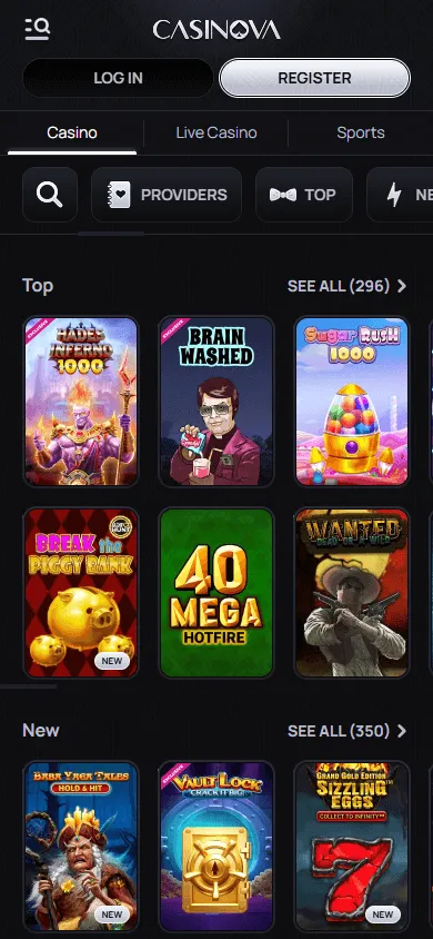 Casinova Casino mobile game catalogue