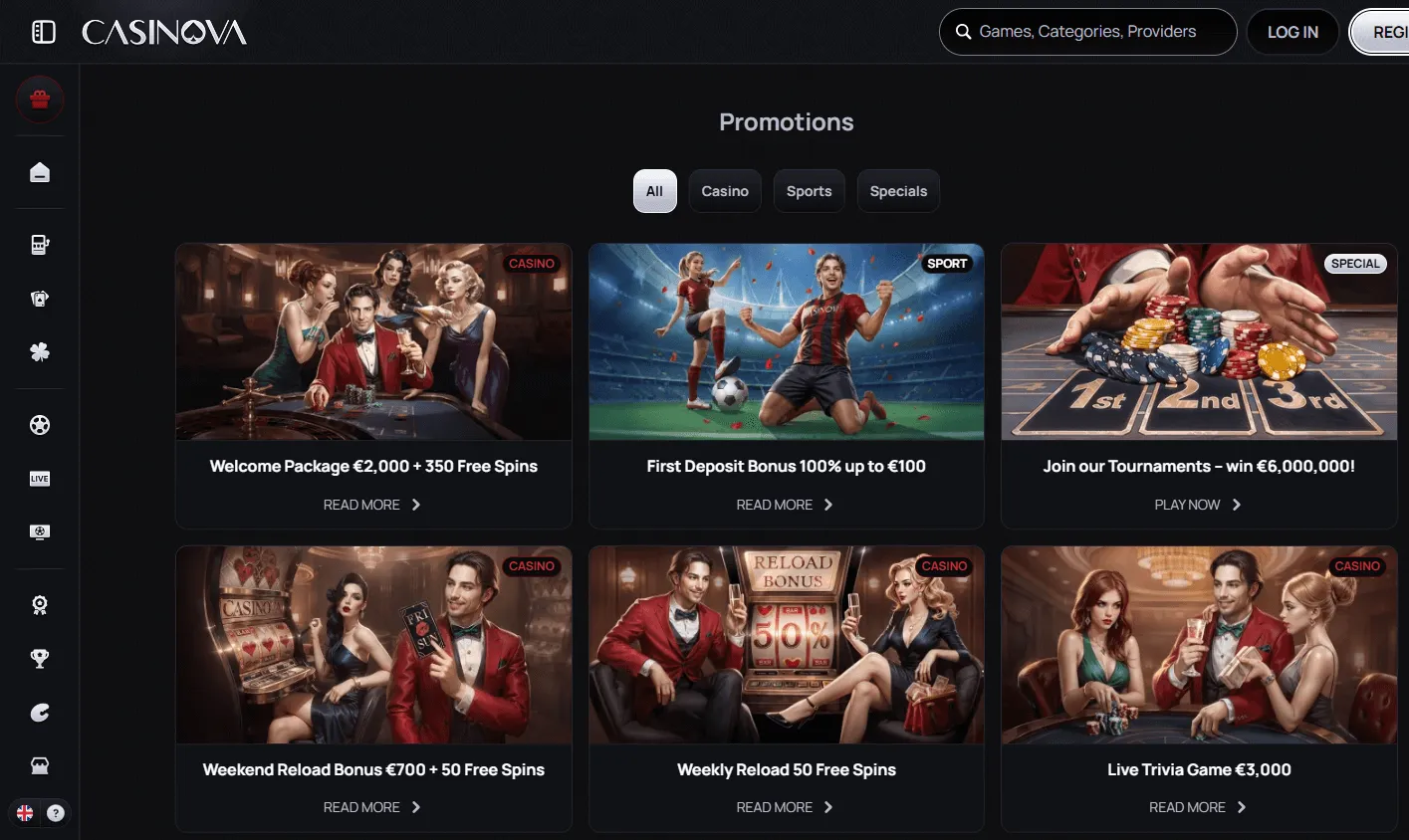 Casinova Casino desktop promotions area